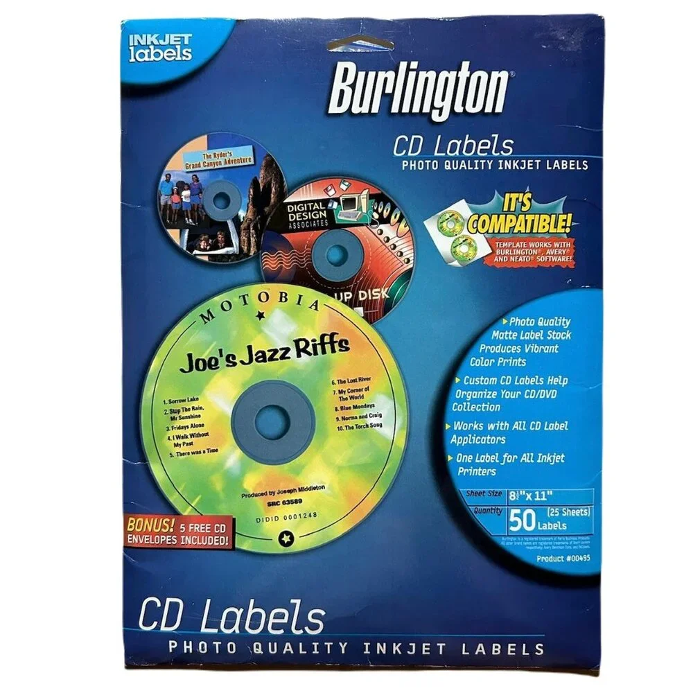 Burlington CD/DVD Photo Quality Inkjet Labels, 25 Sheets 50 Labels Pack